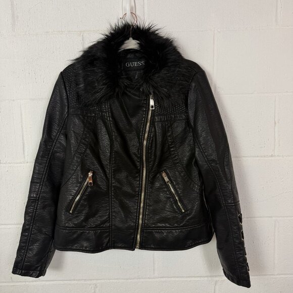 Guess Women's Faux Leather Moto Jacket Removable Faux Fur Collar Baddie Biker XL - Picture 3 of 16